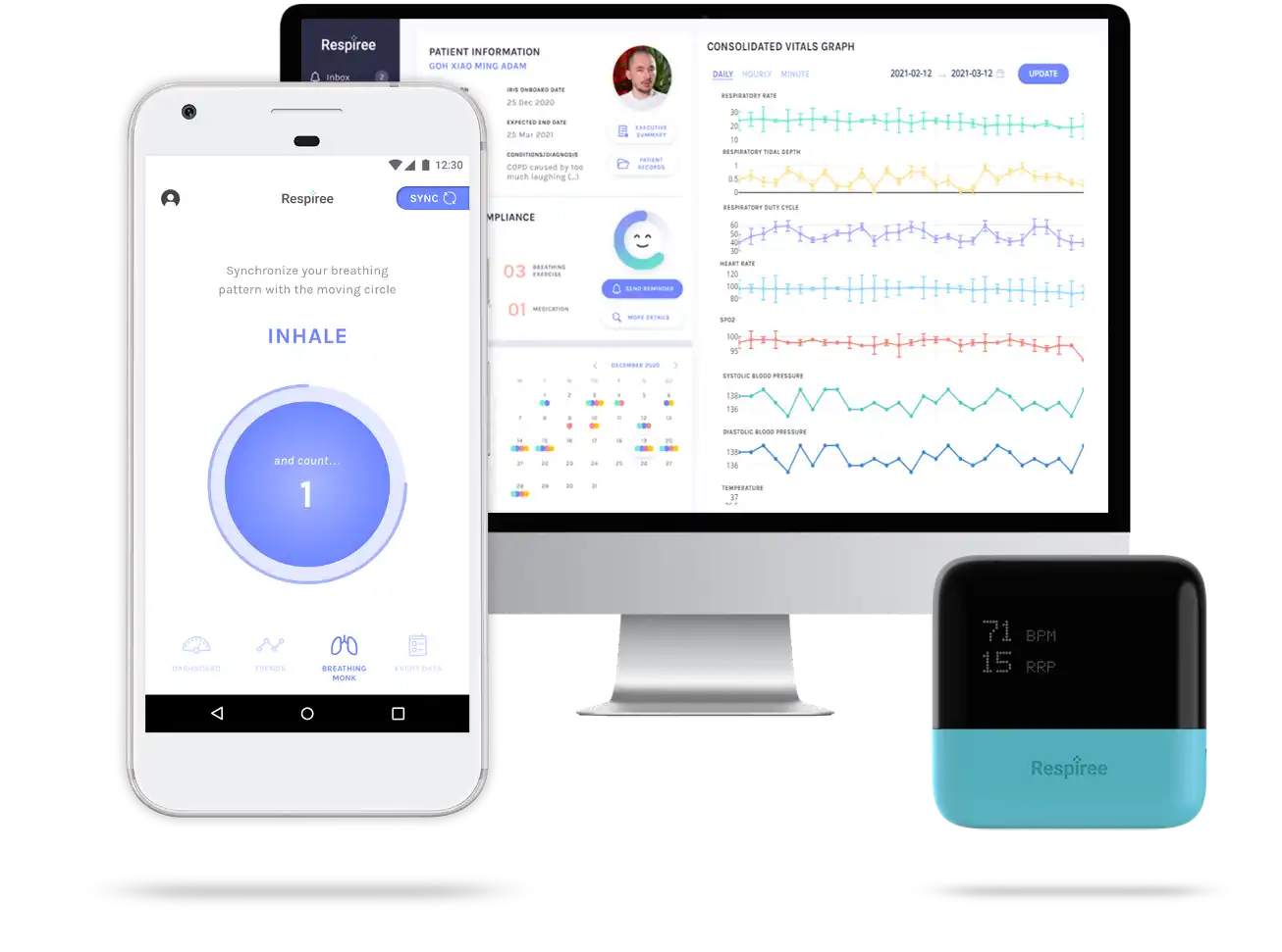 Respiree 1Bio platform on mobile and PC with RS001 wearable sensor