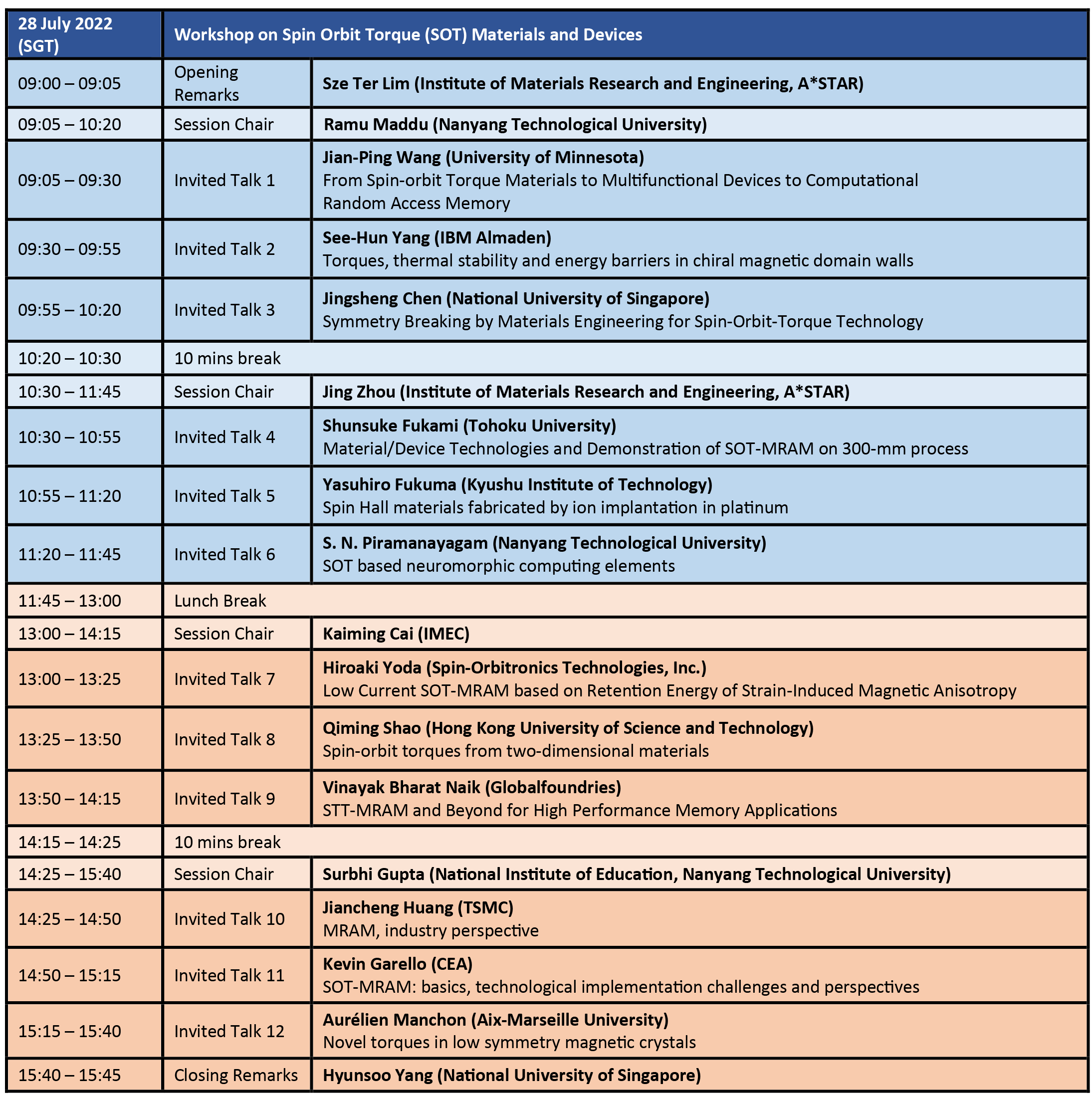Workshop on Spin Orbit Torque (SOT) Materials and Devices (28 Jul 2022) Workshop on Spin Orbit Torque (SOT) Materials and Devices (28 Jul 2022)