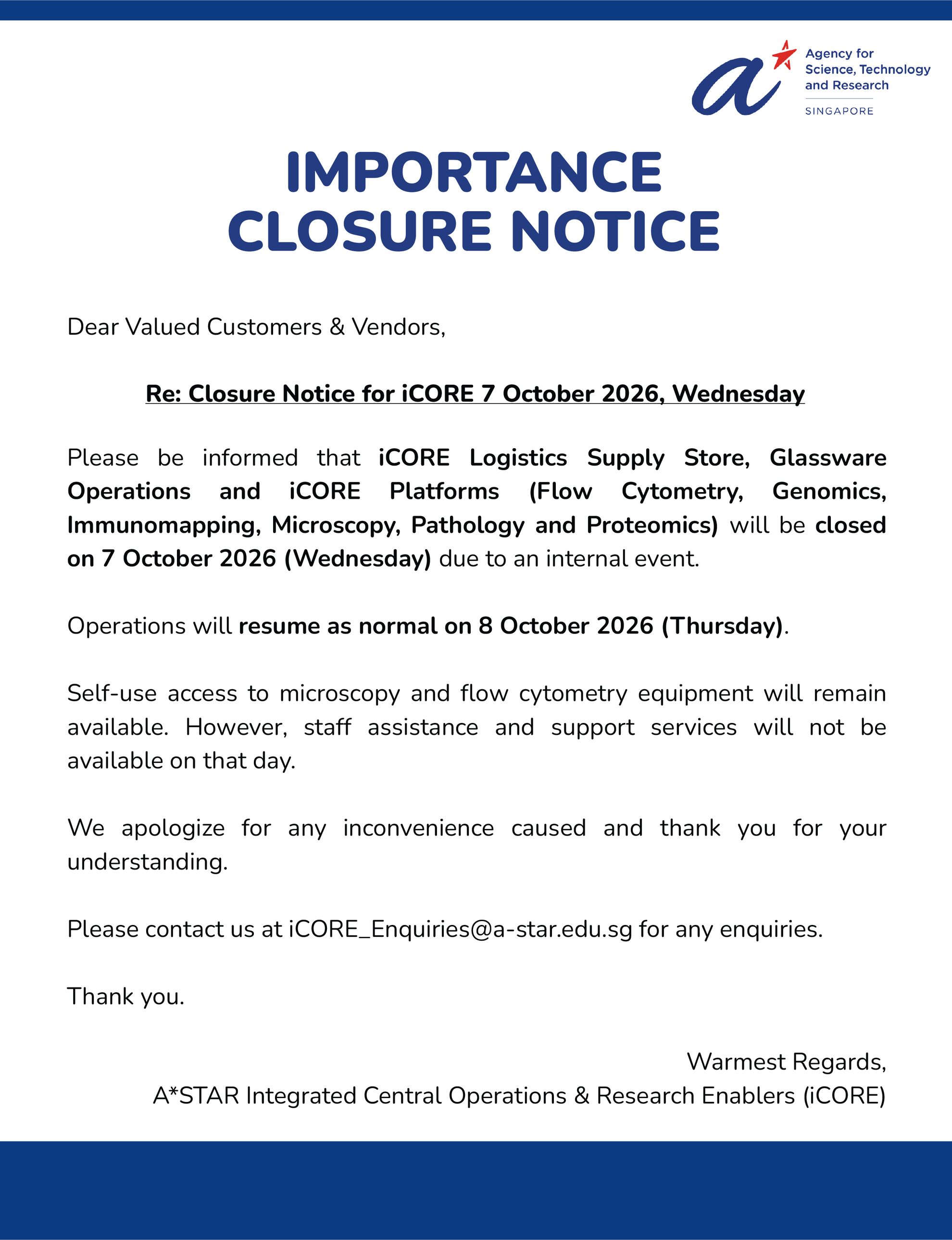 7 Oct 2026   I Core Closure Due to Team Building (revised)