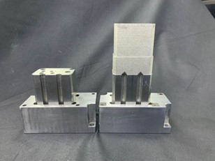 Tooling insert before (left) and after (right) hybrid printing