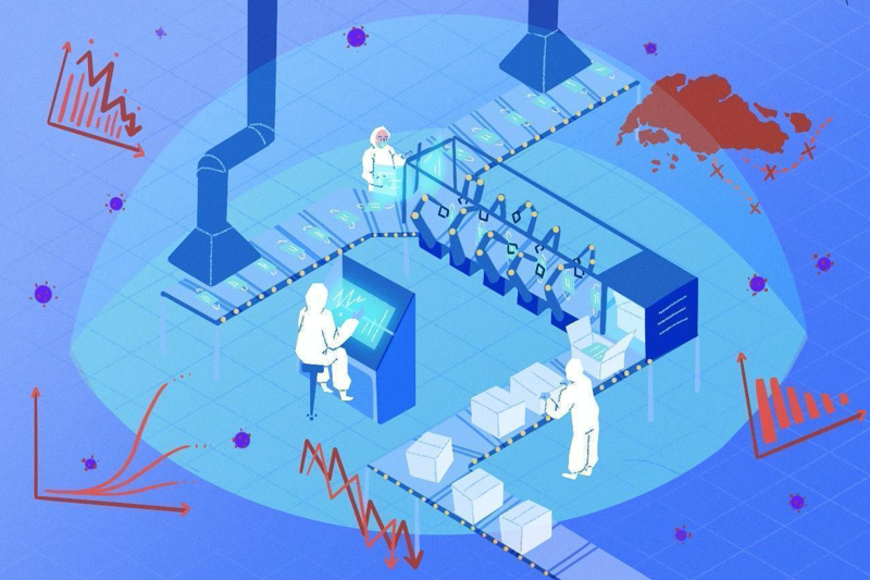 illustration of future of manufacturing processing line stations