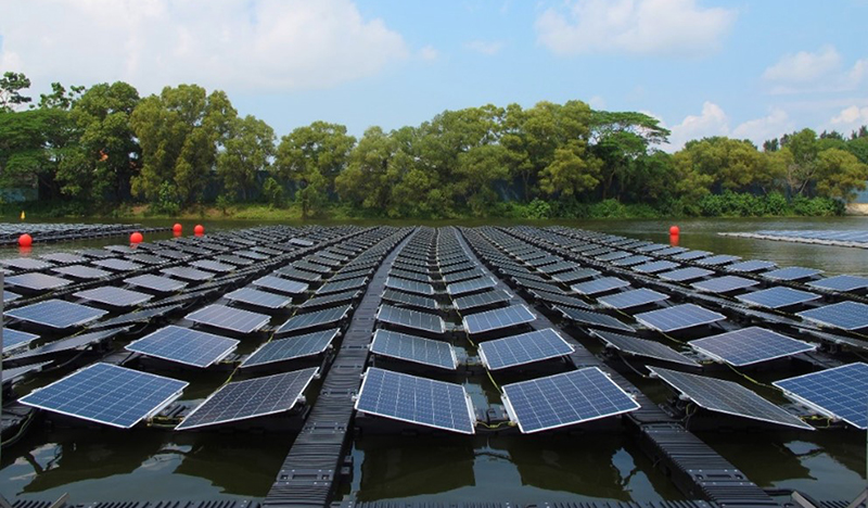 The floating solar system holds solar panels on water bodies to harvest solar energy