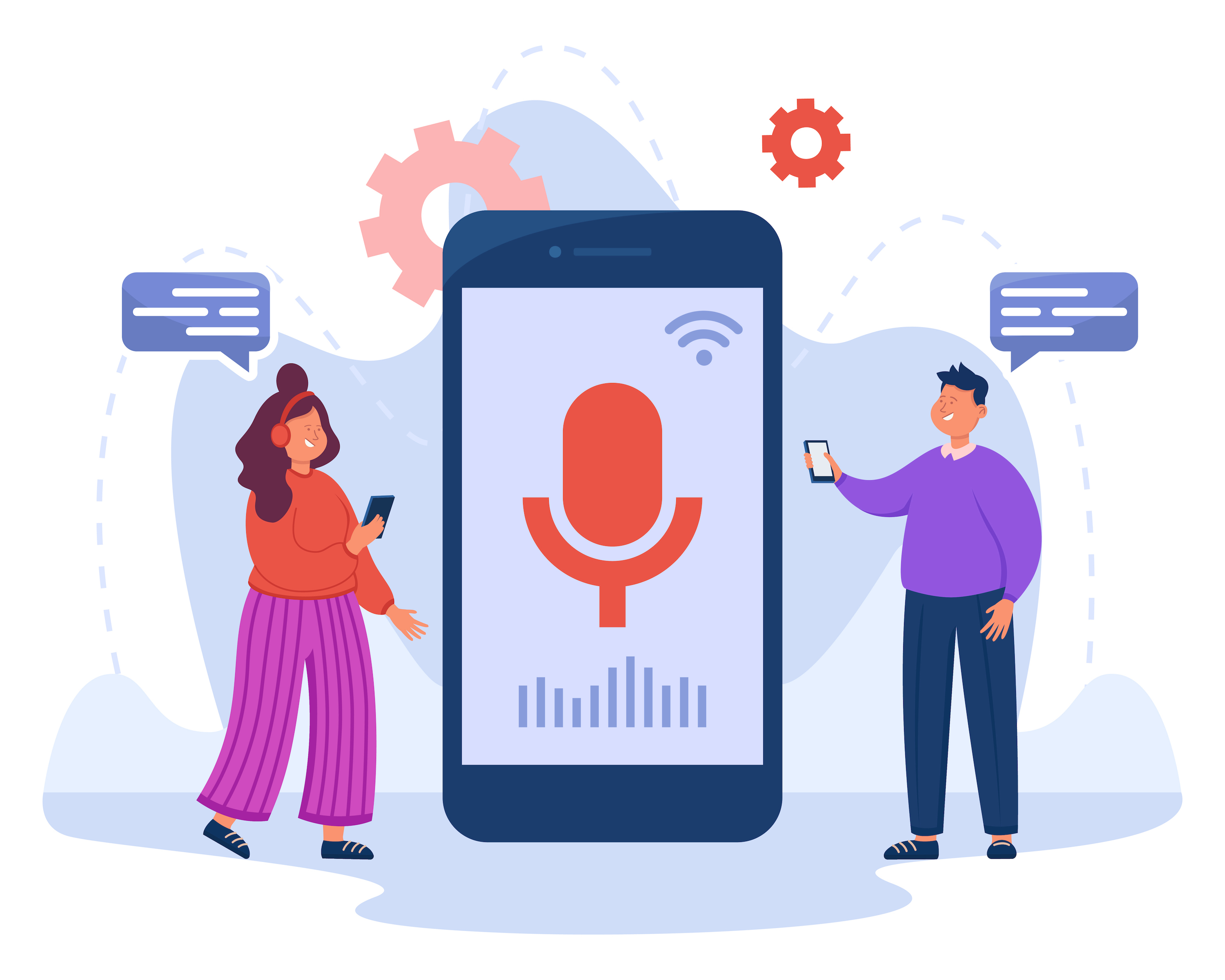 People near phone with voice assistant on screen speaker recogniton